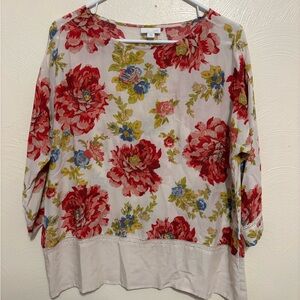 J. Jill Floral Lace Trim Blouse Medium Petite Red Peony Cottagecore